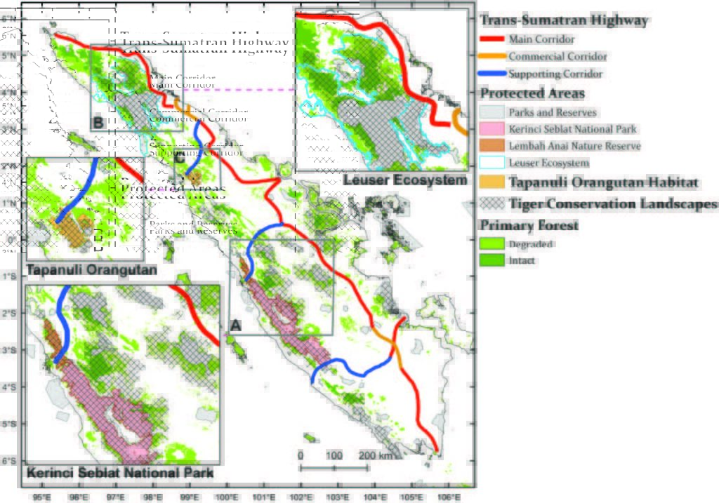map of road building in Sumatra - a remnant forest conservation threat