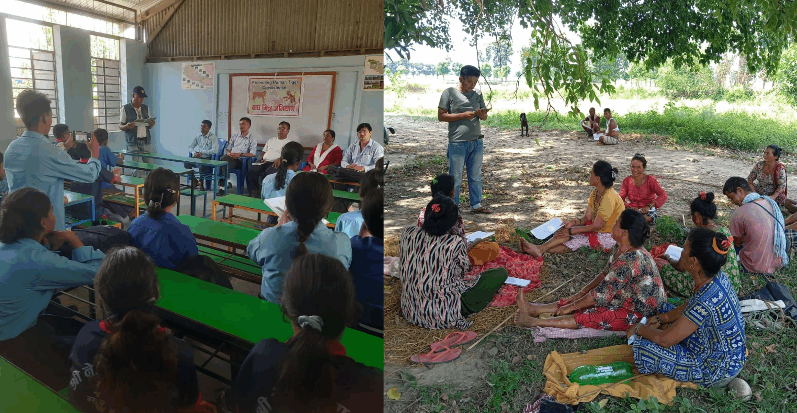Bagh Mitra Mr Dilli Bahadur Thapa conducting school awareness left). Bagh Mitra Karan Shrestha conducting community awareness (right).